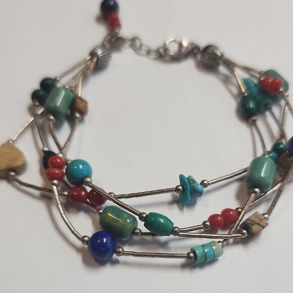 SILPADA Sterling Silver 925 Lapis Turquoise Jasper Coral Seed Bead Bracelet - Picture 2 of 5